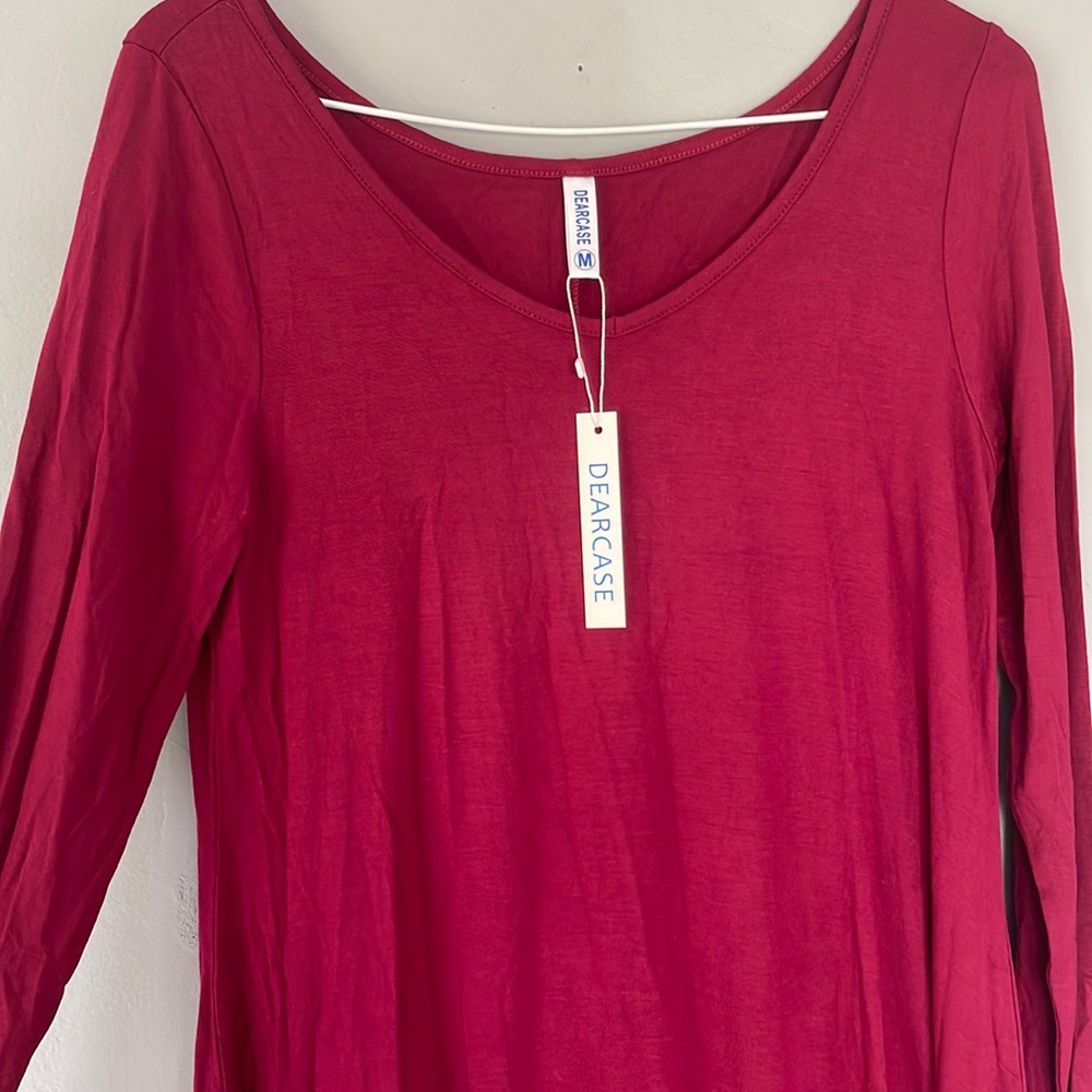 Red Long Sleeve Blouse Dress or  Long Casual Top Loose Fitting Soft Fabric NWT